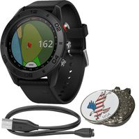 Garmin Bundle Approach S60 Golf GPS Sports Smart Watch, Comes with a Charging Cable and Custom Ball Marker Hat Clip Set (American Eagle), Black with Black Silicone Band