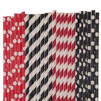 Biodegradable Paper Straws Mix, Black And Red, Polka Dot Striped (100)
