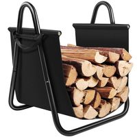 Fireplace Log Holder with Canvas Tote Carrier Indoor Fire Wood Rack Black Firewood Storage Holders Log Bin Heavy Duty Fire Logs Stacker Basket with Handles Kindling Wood Stove Accessories