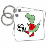 3dRose Funny Cute T-Rex Dinosaur Playing Soccer - Key Chains, 2.25" x 2.25", Set of 2 (kc_252601_1)