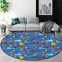 RUGSMAT Nautical Round Area Rugs Bedroom,Wavy Ocean Boat Dolphin Non-Skid Bath Mat Living Room/Bedroom Carpet Round-39