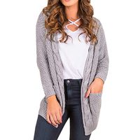 QIUUE Women's Knitwear Boho Long Sleeve Sweaters Open Front Sided Pockets Cardigan Waffle Knit Outerwear (Grey, XL)