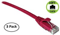 CAT6 Snagless Patch Cord UTP Network Ethernet Cable - 10 FT (Red) - 3 Pack