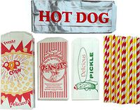 Outside the Box Papers Ultimate Carnival Party Pack - 24 Foil Hot Dog Bags 24 Printed Pickle Bags , 24 Peanut Bags ,24 Popcorn Bags and 25 Each of Red and Yellow Paper Straw