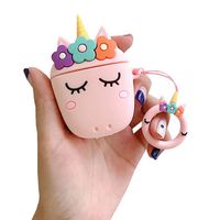 ICI-Rencontrer Cute Flowers Sleeping Horned Horse Airpods Case Girls Women Portable Airpods Accessories Soft Silcone Protective Wireless Earphone Case With Decoration Pink