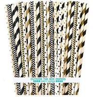 Paper Straws - Black Gold White - Stripe Polka Dot Chevron - 7.75 Inches - 150 Pack - Outside the Box Papers Brand