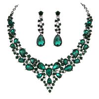Youfir Bridal Austrian Crystal Necklace and Earrings Jewelry Set Gifts fit with Wedding Dress(Emerald Color-Black Tone)