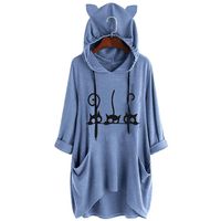 haoricu Womens Cat Ear Hooded Pocket Tunic Tops Cute Lazy Lying Cat Printed Solid Color Long Sleeve Sweatshirt (Blue, XXXL)