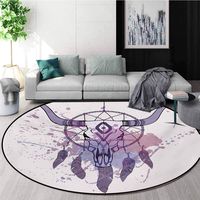 Feather Modern Machine Washable Round Bath Mat,Bull Skull Illustration with Dreamcatcher and Watercolor Splashes Abstract Non-Slip Living Room Soft Floor Mat,Round-55 Inch