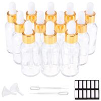 PrettyCare Eye Dropper Bottle 1 oz (12 Pack Clear Glass Bottles 30ml with Golden Caps, 2 Extra Measured Pipettes, 48 Labels, 2 Funnels) Empty Tincture Bottles for Essential Oils