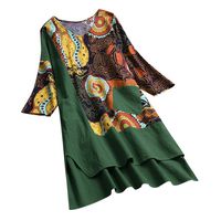ASOBIMONO Womens Cotton Linen Midi Dresses Summer Loose V-Neck Floral Boho Split Hem Half Sleeve Swing Dress with Pockets Green