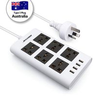 Maximm Surge Protector Flat Power Strip 6 Universal Outlets with 4 USB Ports, Desktop Charging Station, 4000W/10-16A Multiplug (6.5ft, White) w/Australia (Type I) Plug