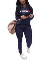 Womens 2 Piece Tracksuit Set Striped Patchwork Long Sleeve Hoodie and Pants Jogging Suits Blue 2XL