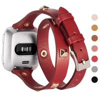 Wearlizer Leather Double Tour Band Compatible with Fitbit Versa/Versa 2 /Versa Lite/Versa SE Women Men,Slim Genuine Leather Rivet Watch Bands Compatible for Fitbit Versa（Red）