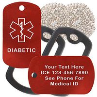 Custom 2 Pack - Diabetic Medical Alert ID Necklaces with Red Custom Tags, Black Silencers, and 30'' USA Chains