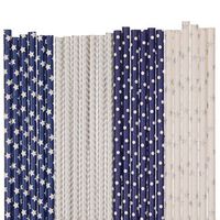 Biodegradable Paper Straws Mix, Dark Blue And Silver, Polka Dot Chevron Star (75)