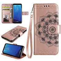 Cfrau Wallet Case with Black Stylus for Samsung Galaxy S8 Plus,Retro 3D Henna Mandala Floral Embossed Magnetic Strap Flip PU Leather Card Slots Stand Soft Rubber Case for Galaxy S8 Plus,Rose Gold