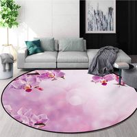 Spa Modern Machine Washable Round Bath Mat,Orchid Petals in Monochrome Design Bouquet Spring Bloom Seedling Growth Peaceful Nature Print Non-Slip Living Room Soft Floor Mat,Diameter-47 Inch