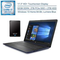 2020 HP 17.3" HD+ Touchscreen Laptop Computer, 8th Gen Intel Quad-Core i7 8565U up to 4.6GHz, 32GB DDR4 RAM, 2TB PCIe SSD + 2TB HDD, DVDRW, AC WiFi, Blue, Windows 10 + EST 500GB External Hard Drive