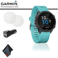Garmin Forerunner 245 Music GPS Running Smartwatch (Aqua) + Car Adapter + Tempered Screen Protector + Cleaning Cloth
