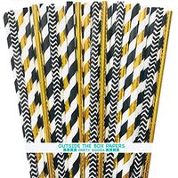 Black and Gold Paper Straws - Stripe Chevron Foil - 7.75 Inches - 100 Pack - Outside the Box Papers