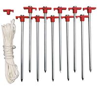 Eurmax Galvanized Non-Rust Camping Family Tent Pop Up Canopy Aluminum of Metals Stakes 10pc-Pack Simple Packing Tent Stakes, Bonus 4x10ft Ropes & 1 Red Stopper(Red Stakes)