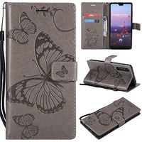 Amocase Wallet Leather Case with 2 in 1 Stylus for Huawei P20 Pro,Premium Strap 3D Butterfly Magnetic PU Leather Stand Shockproof Card Slot Case for Huawei P20 Pro - Gray