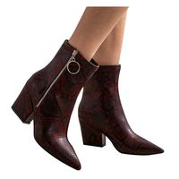 BIKETAFUWY Women's Snakeskin Print Booties Pointed Toe Slip On High Chunky Heel Pumps Side Zipper Ankle Booties Party Shoes Red