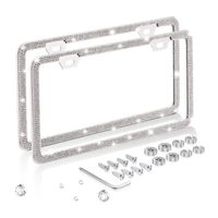 Delixike Bling Rhinestone Thin Border White License Plate Frame for Women Men, Luxury Handmade Waterproof Stainless Steel Licence Plate Frames for Front Back License