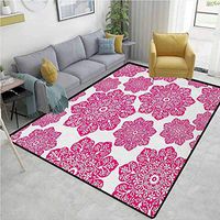 YucouHome Hot Pink Moon & Stars Kids Rooms Nursery Decor Mats, Batik Floral Arrangement with Artistic Design Pattern, Easy Maintenance Area Rug Living Room Bedroom Carpet(2.5'x 7') Hot Pink White