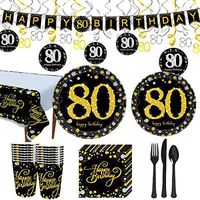 Trgowaul 80th Birthday Party Supplies - Black and Gold Disposable Paper Plates, Napkins, Cups, Tablecover Forks, Knives and Spoons for 16 Guests and Party Supplies Decorations Banner