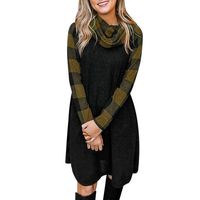 Womens Raglan Long Sleeve Plaid Dress Cowl Neck Pullover Casual Splice Scarf Collar Dress Army Green