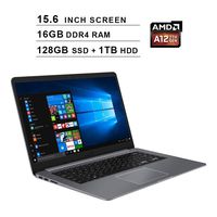 Asus 2019 VivoBook A12 15.6-Inch FHD 1080P Laptop - AMD Quad Core A12-9720P up to 3.6 GHz, AMD Radeon R7, 16GB DDR4 RAM, 128GB SSD (Boot) + 1TB HDD, Bluetooth, WiFi, Windows 10