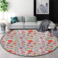 RUGSMAT Cartoon Modern Washable Round Bath Mat,Cartoon Like Tea Pots with Retro Polka Dots in Orange Colored Flowers Art Print Non-Slip Bathroom Soft Floor Mat Home Decor,Round-71 Inch