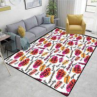 Fashion Contemporary Area Rug Large, Trendy Woman Make Up Elements with Calligraphy Blush Lipstick Powder Beauty Pattern, Easy Maintenance Area Rug Living Room Bedroom Carpet(3'x 5')