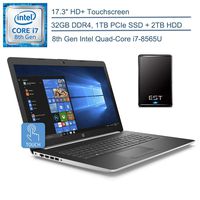 2019 HP 17.3" HD+ Touchscreen Laptop Computer, 8th Gen Intel Quad-Core i7 8565U up to 4.6GHz, 32GB DDR4 RAM, 2TB HDD + 1TB PCIE SSD, HDMI, Silver, Windows 10 Home + EST 500GB External Hard Drive