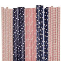 Biodegradable Paper Straws Mix, Light Pink And Dark Blue, Damask Polka Dot Star Diamond (50)