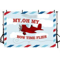 MEHOFOTO How Time Flies Birthday Party Decorations Backdrop Vintage Stamp Cloud Airplane Up Up And Away Boy Pilot Birthday Photography Background Photo Banner 7x5ft