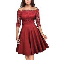 LATINDAY ◆ Women's Vintage Floral Lace Long Sleeve Boat Neck Cocktail Party Swing Dress Red