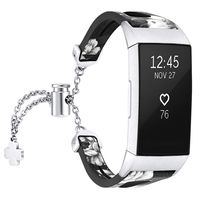 fastgo Leather Bracelet Compatible with Fitbit Charge 3/Charge3 SE Bands, Premium Stainless Steel Replacement Wristbands Classy Women Girls Adjustable (Black/Gray Flower)