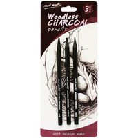 Mont Marte Woodless Charcoal Pencils, 3 Piece. Features 3 Grades Of Charcoal Including Soft, Medium and Hard.