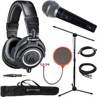 Audio-Technica ATH-M50X Professional Studio Headphones (Black) & Technical Pro Microphone Bundle Includes Headphones, Microphone, Stand, Holder, XLR Cables, Case and Wind Screen