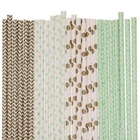 Gold and Mint Green Paper Straw Mix - Polka Dot, Damask, Chevron (25)