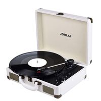 Record Player, JORLAI Vintage Turntable 3-Speed Vinyl Record Player with Speakers/ Rechargable Battery/ Vinyl-to-MP3 Recording/ Headphone Jack/ Aux Input/ RCA Line Out - White