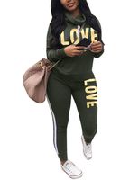 Women's Letter Print 2 Piece Outfit Cowl Neck Long Sleeve Sweatshirt and Pants Joggers Set Tracksuit Army Green XX-Large