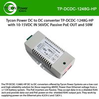 10-15V Wire Terminal Input, DCDC Converter and 56V 50W Gigabit Passive PoE Inserter, Shielded and Surge Protected, Low Voltage Disconnect