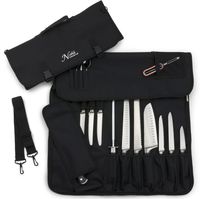 Chef's Knife Roll Bag (14 slots) Holds 10 Knives PLUS Meat Cleaver, Utility Pocket, AND 4 Tasting Spoons! Our Durable Knife Carrier Includes Shoulder Strap and Name Card Holder. (Knives Not Included)
