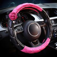eing Fashion Auto Car Steering Wheel Covers with Crystal Rhinestone & Camellia Flower,Car Interior Accessories for Girls Women Ladies - Black+Pink&Rose Red Flower