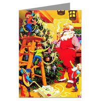 Victorian Santa And His Elves Trimming A Christtmas Tree Vintage Holiday Note Card Set