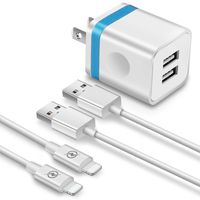 FIMARR (3-in-1) 6ft Fast Charging/Sync Cable + 2.1A/5V Dual Port USB Wall Plug Charger Replacement for iPhone Xs/XR/X 8/7/6 Plus, 5C/5S, iPad Air Mini Pro (Pack-3, Blue)